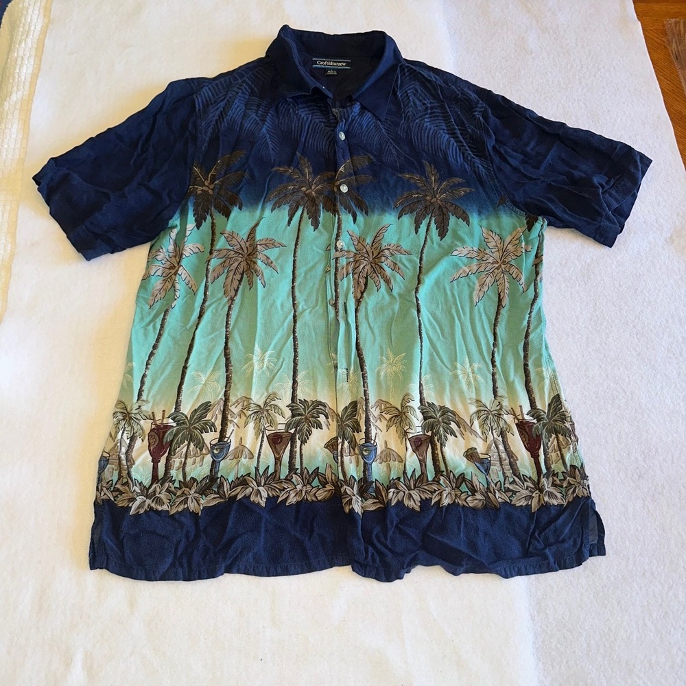 Croft  Barrow Mens Hawaiian Shirt Large L Navy Teal Tropical Palm Cocktail Beach
